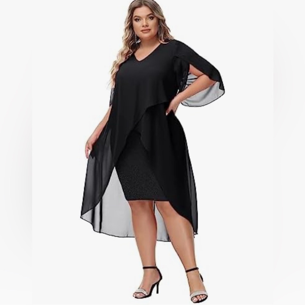Hanna Nikole Chiffon Cocktail Dress V Neck Cape Plus Size Business Party Dresses